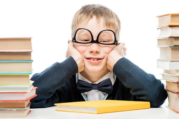 Funny schoolboy and piles of books on white background, close-up — Stock Photo, Image