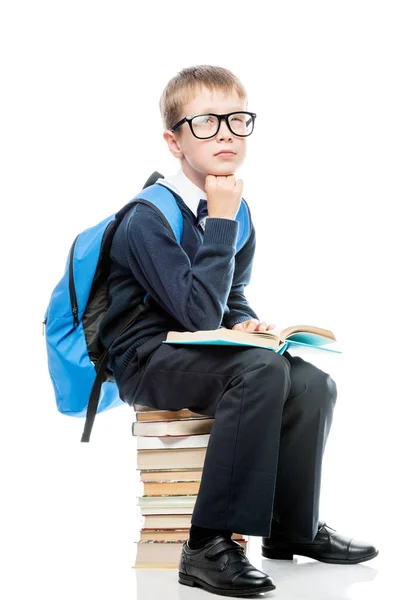 Boy sitting on a pile of books on a white background with textbo — Stock Photo, Image