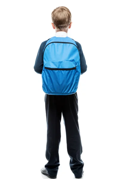 Школяр з видом на рюкзак ззаду на білому фоні ізо — стокове фото