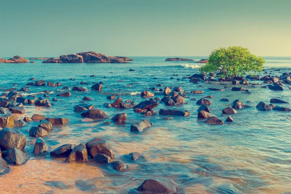 Blue sea water and scattered stones. Tinted. — Stock Photo, Image