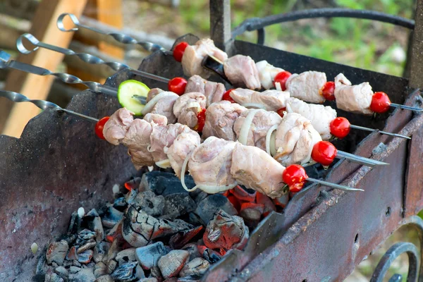 Braseiro com carvões e espetos com kebab shish durante a culinária — Fotografia de Stock