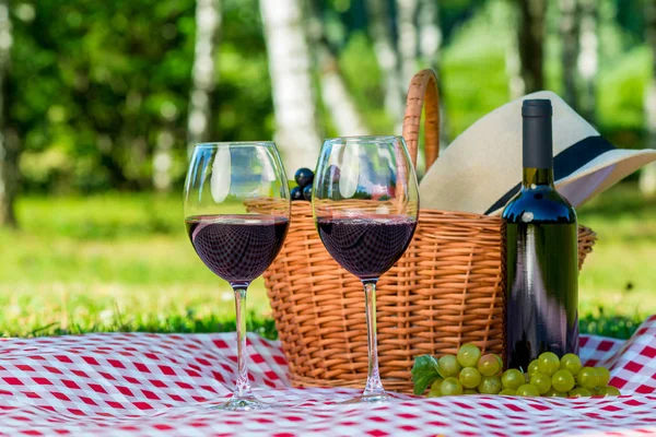 Wicker basket with food and wine to spend time in the park on a — Stock Photo, Image