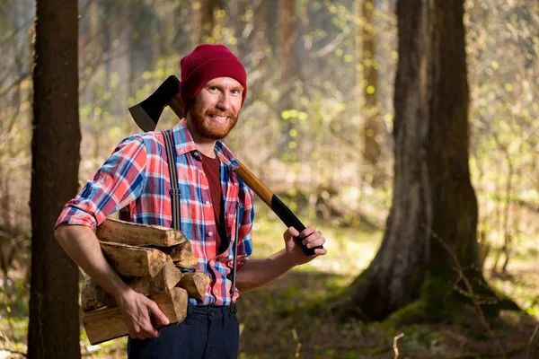 happy forester with a beard carries firewood and an ax, shooting