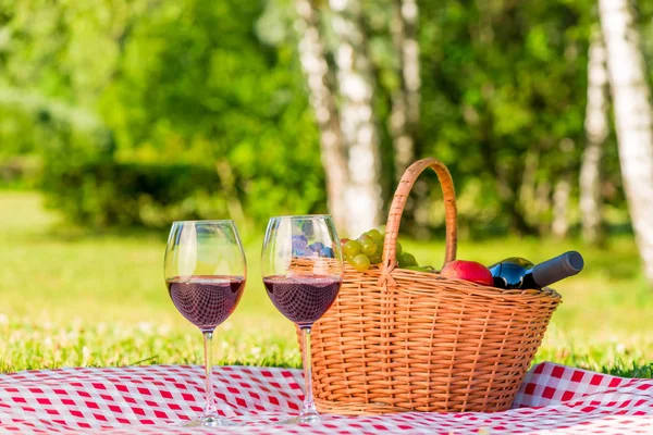 Cesto di vimini per un picnic con frutta e vino rosso su una tovaglia — Foto Stock