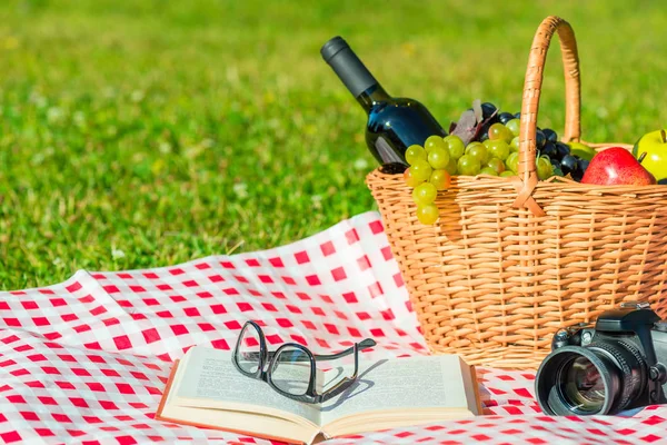 Nesneleri bir yeşil çim - piknik, doğada toplantı romantik — Stok fotoğraf