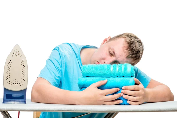 The man at the ironing time fell asleep on the ironing board, hi — Stock Photo, Image