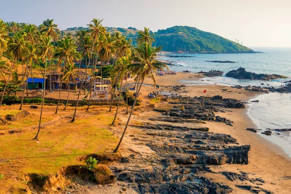 Playa tropical de arena y palmeras cerca del océano. Teñido . — Foto de Stock