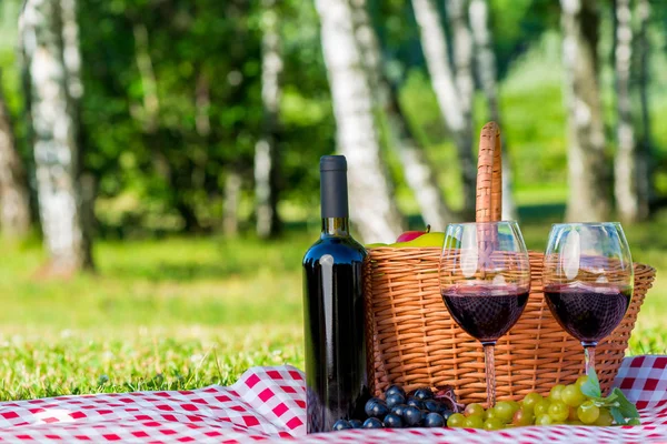 Een fles rode wijn en twee glazen voor een paar verliefd op een p — Stockfoto