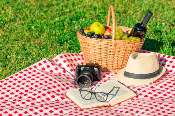 Objetos en un mantel en el parque - un picnic para un par de l — Foto de Stock