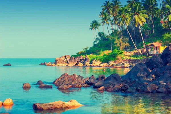 Visa för gratulationskort strand i Goa. Tonade. — Stockfoto