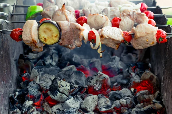 Šťavnaté chutné ražniči špíz na grilu na uhlí — Stock fotografie