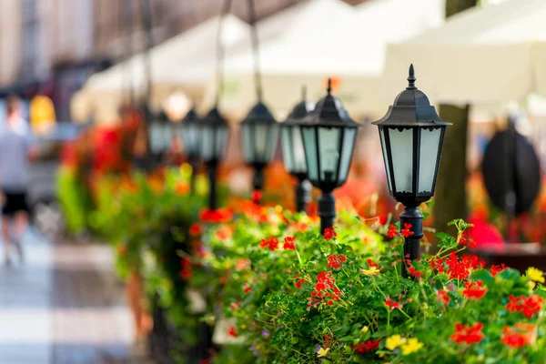 a row of street lamps in a city surrounded by beautiful flowers