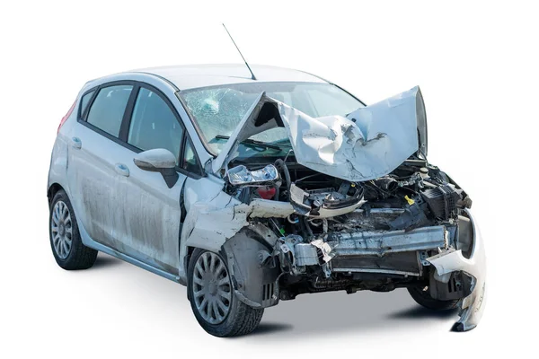 Front view of a broken car after an accident isolated on white b — Stock Photo, Image