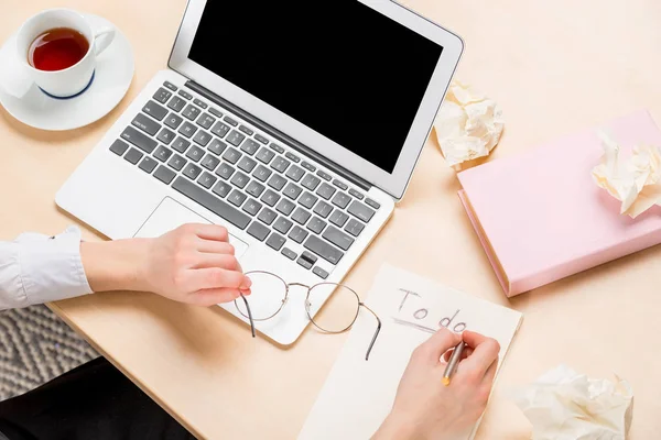 Creative work process top view, in the frame of the hand at work — Stock Photo, Image