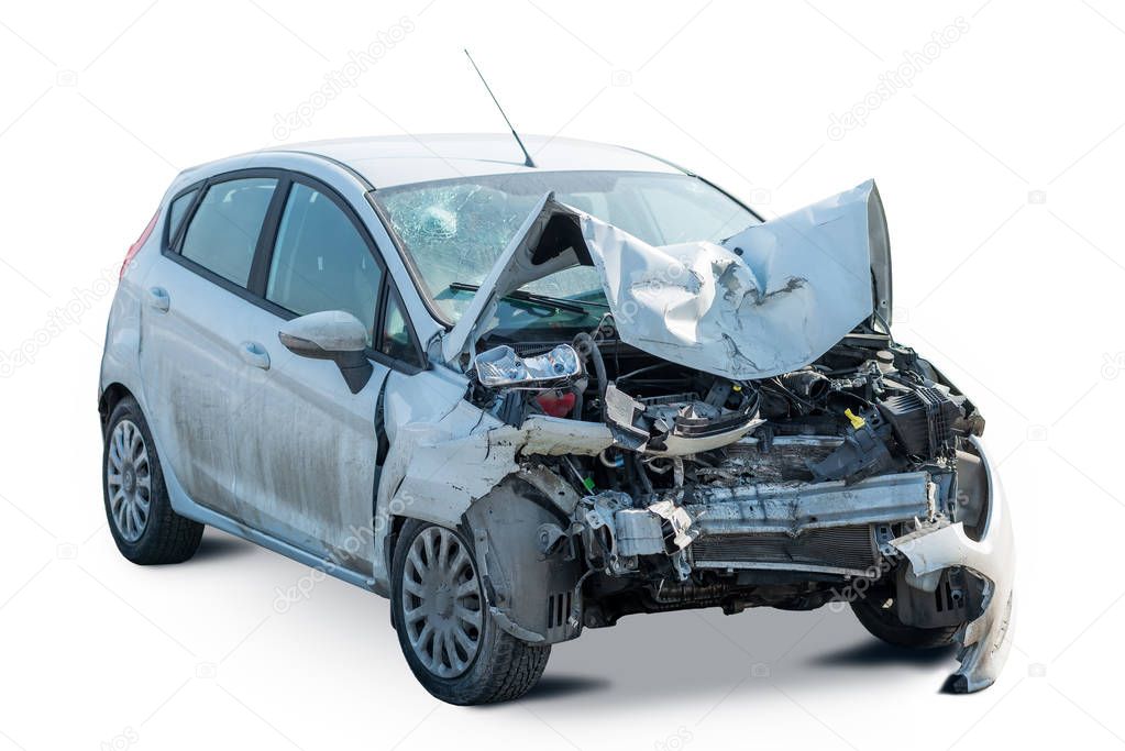 front view of a broken car after an accident isolated on white b