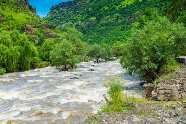 Широкая и быстрая река в горах Кавказа — стоковое фото