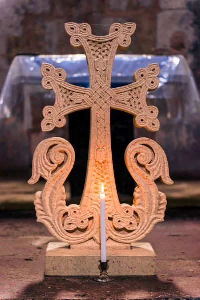 Close Openwork Armenian Traditional Stone Khachkar Armenian Orthodox Church — Stock Photo, Image