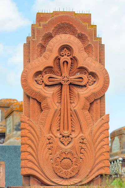 Tradycyjny Kamień Khachkar Armeński Koronki Tufa Rzeźba — Zdjęcie stockowe