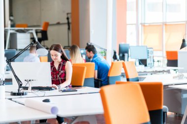 Girişim işi, yazılım geliştiricisi modern ofiste bilgisayar üzerinde çalışıyor