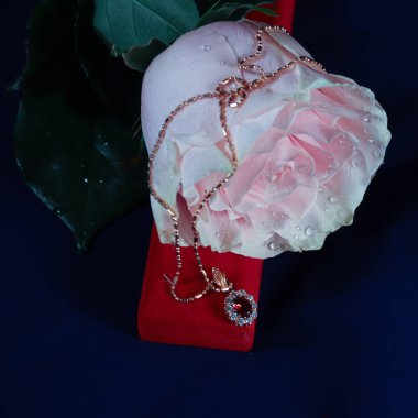 Mavi arka planda altın aksesuar ile gül