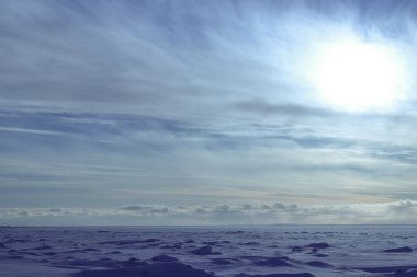 Beyaz deniz kıyısında güneşli kış günü