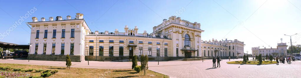 railway station in Rybinsk. View of the station square and the beautiful architecture of the station building. Sunny summer day.