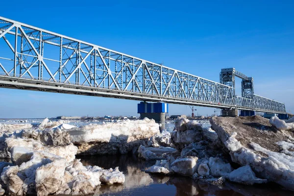 Arkhangelsk. Spring evening. Ice drift on the Severnaya Dvina river. The world\'s northernmost drawbridge.