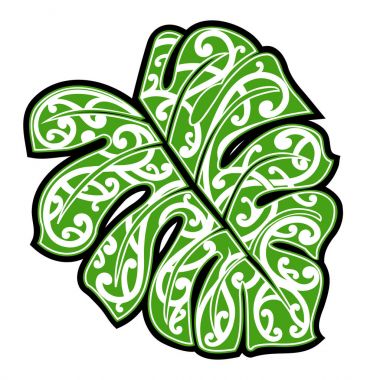Monstera yaprak üzerinde Maori etnik süsleme