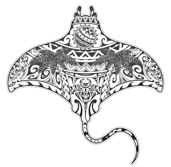 Tatuaje Manta ray con elementos étnicos — Vector de stock