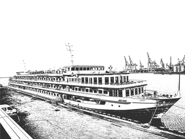 Berço para iates e barcos no porto. Os iates oceânicos estão ancorados no cais do terminal de passageiros do porto. Vintage mão desenhada ilustração vetorial . —  Vetores de Stock