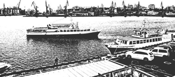 Kajplats för båtar och båtar i hamnen. Havsbåtarna är säkert förtöjda vid piren i passagerarterminalen i hamnen. Vintage handritad vektor illustration. — Stock vektor