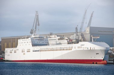 FLENSBURG. GERÇEK. 26 Ocak 2020 'de. Kargo ve yolcu feribotu limanda. Arkaplanda tersane.