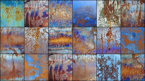 Set Distressed Overlay Texture Rusted Peeled Metal Blue Gold Grunge — Stock Photo, Image