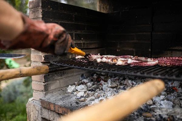 Tentáculos de pulpo sobre una barbacoa — Foto de Stock