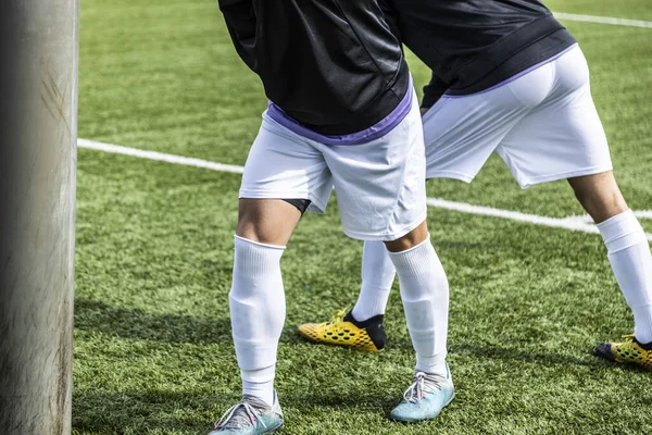 Mladí Nepoznatelní Fotbalisté Dělají Zahřívací Cvičení Jít Ven Hrát Pohled — Stock fotografie