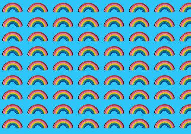 LGTBI kavramsal resim, gökkuşağı şekilli kağıt levhalar mavi arkaplan üzerinde tekrarlanıyor