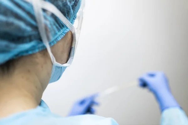 Unrecognizable Young Nurse Protective Clothing Doing Covid Test — Stock Photo, Image