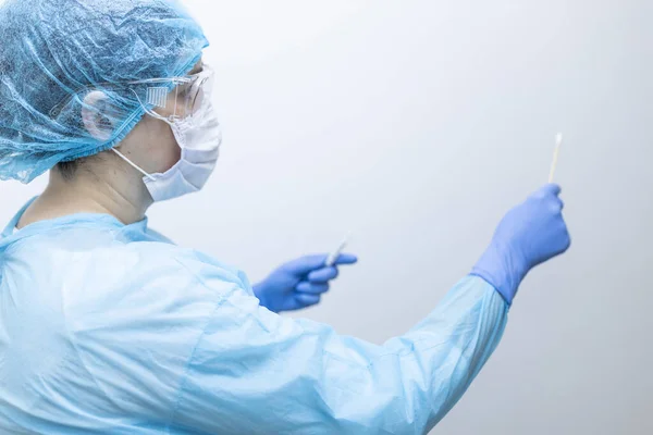 Unrecognizable Young Nurse Protective Clothing Doing Covid Test — Stock Photo, Image