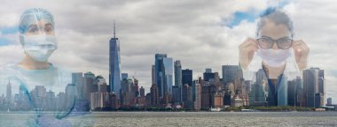 New York şehrinin Coronavirus veya Cobid-19, tıp doktoru ve New York binalarına karşı Amerika Kahramanları adlı sağlık ekibiyle fotoğraf düzenleme
