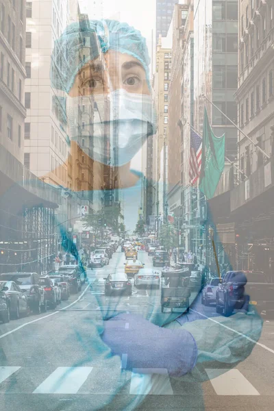 New York Város Képszerkesztése Orvosi Személyzettel Amerika Hősei Koronavírus Vagy — Stock Fotó