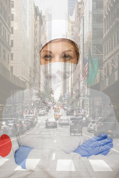 photo editing of the city of new york with a medical staff, Heroes of America against the coronavirus or cobid-19, Medical doctor and New York buildings
