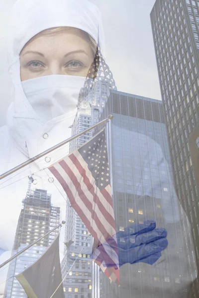 photo editing of the city of new york with a medical staff, Heroes of America against the coronavirus or cobid-19