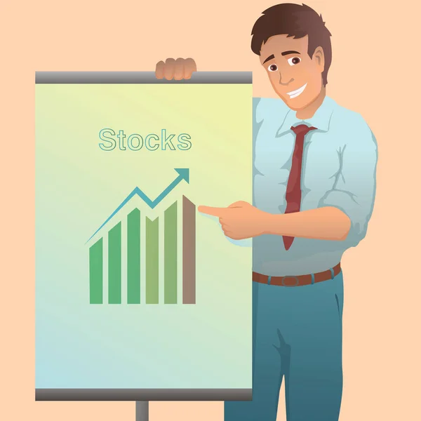 Jovem Confiante Perto Flip Chart Pointing Creative Conceito Negócios Ilustração — Vetor de Stock