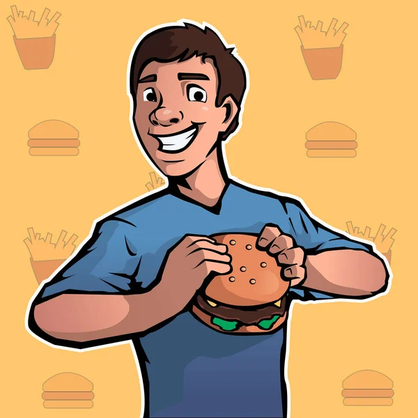 Éhes ember gazdaság Burger. — Stock Vector