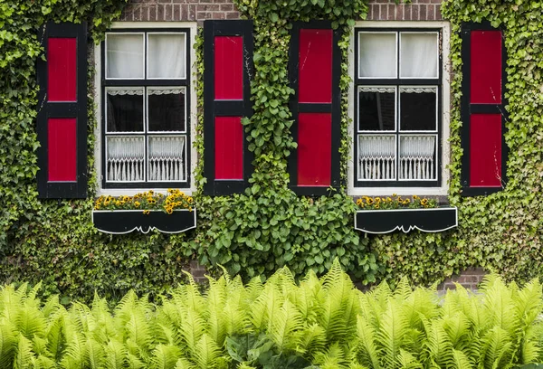 Hus med röda fönsterluckor Giethoorn — Stockfoto