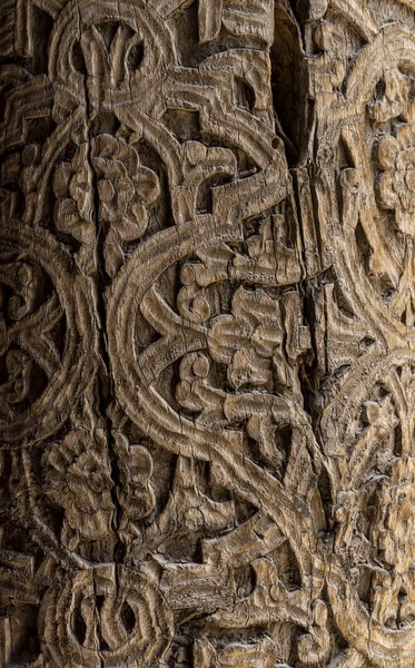 Chiwa Usbekistan Juni 2019 Holzsäule Mit Dekoration Der Juma Moschee — Stockfoto