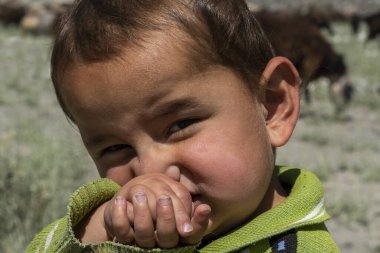 İskanderkul, Tacikistan - 13 Haziran 2019: Tadzjikistan 'da İskanderkul yakınlarında küçük bir çocuğun portresi.