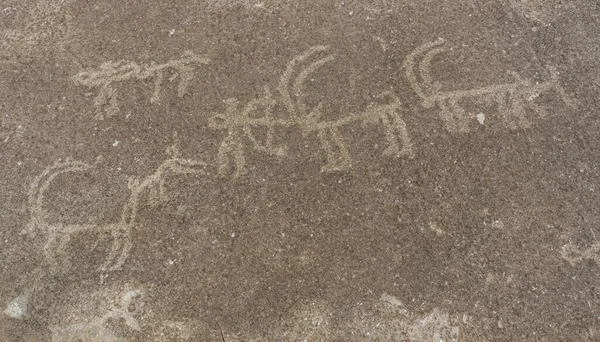 Vieux Pétroglyphes Chasseurs Bouquetins Langar Sur Roche Montagne Dans Corridor — Photo