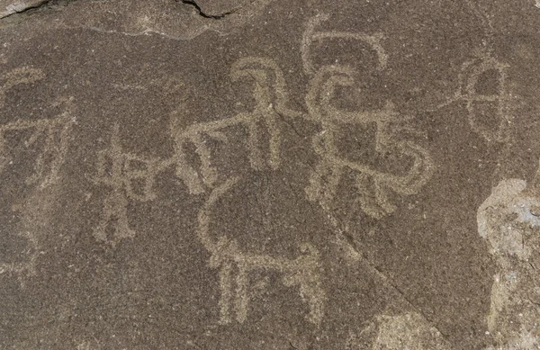 Alte Felszeichnungen Von Jägern Und Steinböcken Langar Auf Felsen Und — Stockfoto