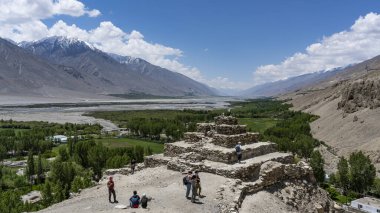 Vrang, Tajikistan - June 21, 2019: Buddust Stupa in Vrang in the Wakhan Corridor with the Panj river in Tajikistan.